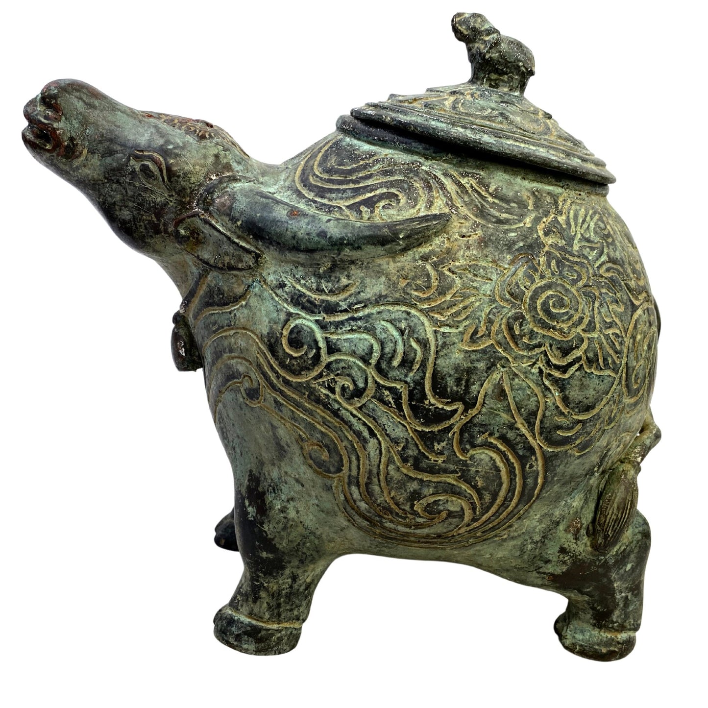 Tribal Water Buffalo Bull Betel Nut Lime Medicine Container Vessel Stash Box Vintage Sumatran Verdigris Bronze Metal Indonesian Folk Art