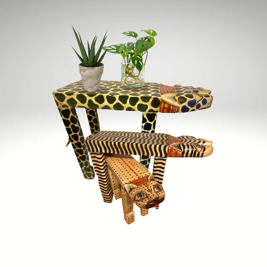 Tiger Cat Plant Stand Black & Beige Stripe Dots Leopard Spots Balinese Hand Carved Wood Carving Feline Bali Folk Art Wooden Stool - Acadia World Traders
