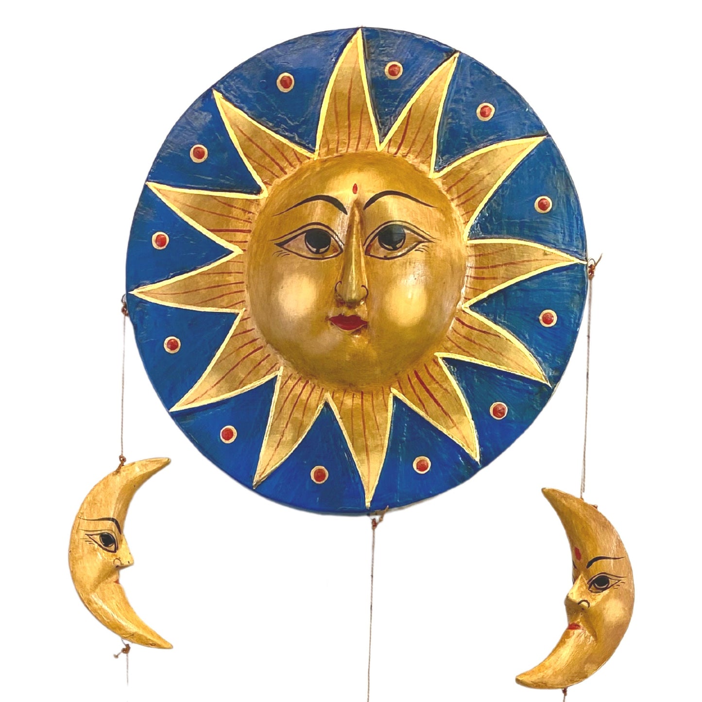 Sun Moon Stars Hanging Mobile Vintage Design Hand Carved Painted Wood Balinese Celestial Bodies Bali Folk Art Man in the Moon Blue - Acadia World Traders