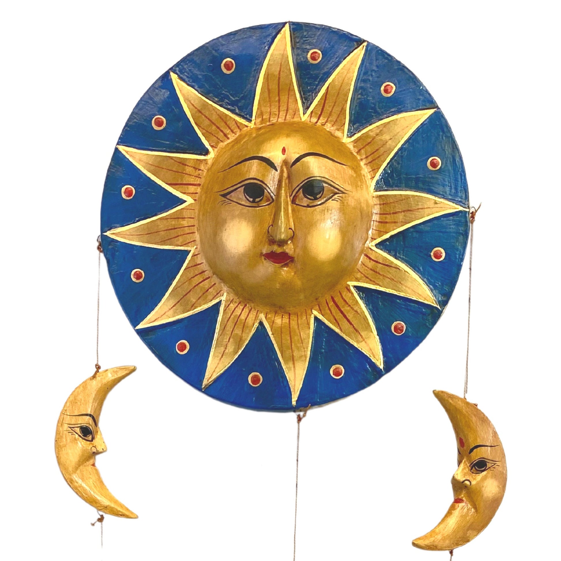 Sun Moon Stars Hanging Mobile Vintage Design Hand Carved Painted Wood Balinese Celestial Bodies Bali Folk Art Man in the Moon Blue - Acadia World Traders