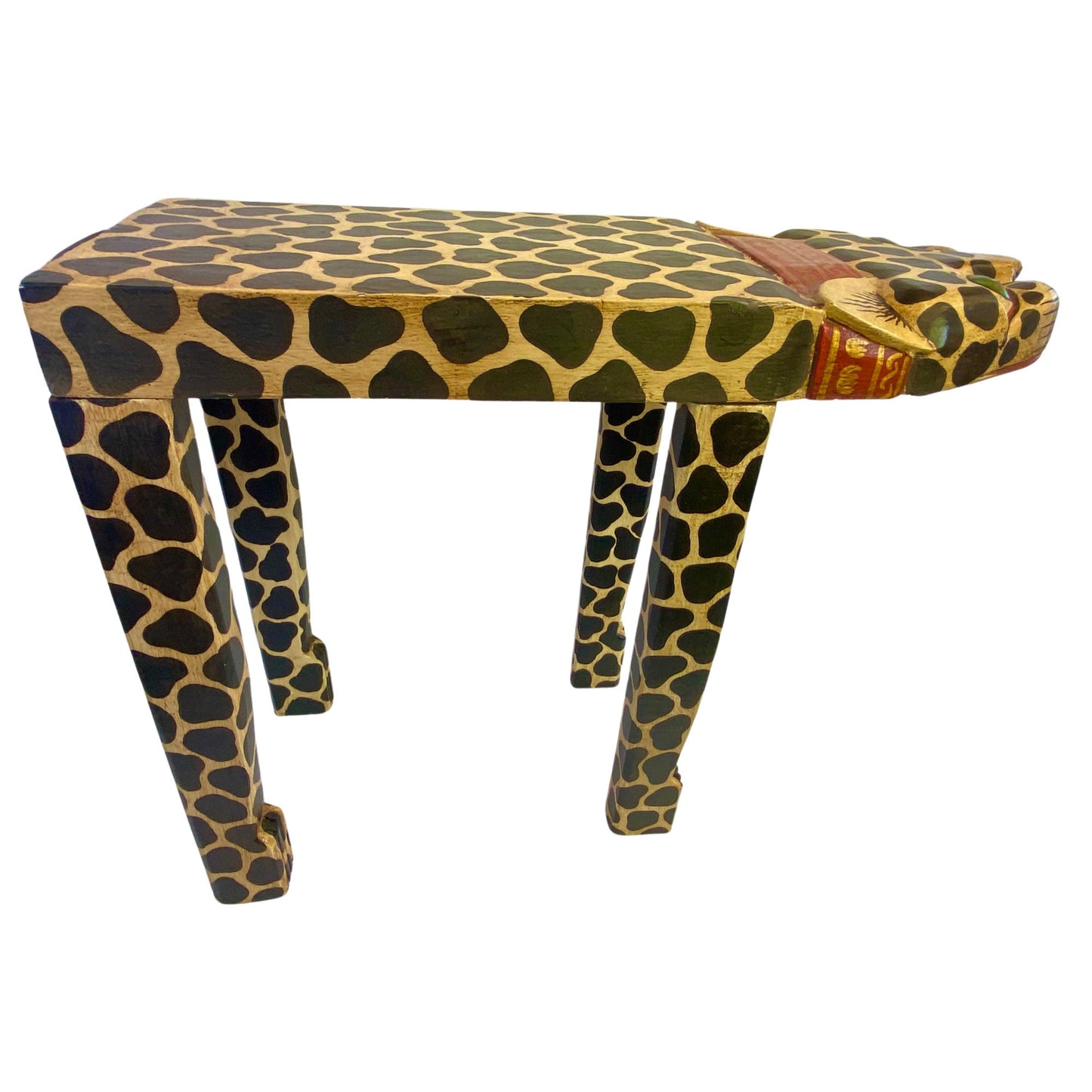 Tiger Cat Plant Stand Black & Beige Stripe Dots Leopard Spots Balinese Hand Carved Wood Carving Feline Bali Folk Art Wooden Stool - Acadia World Traders