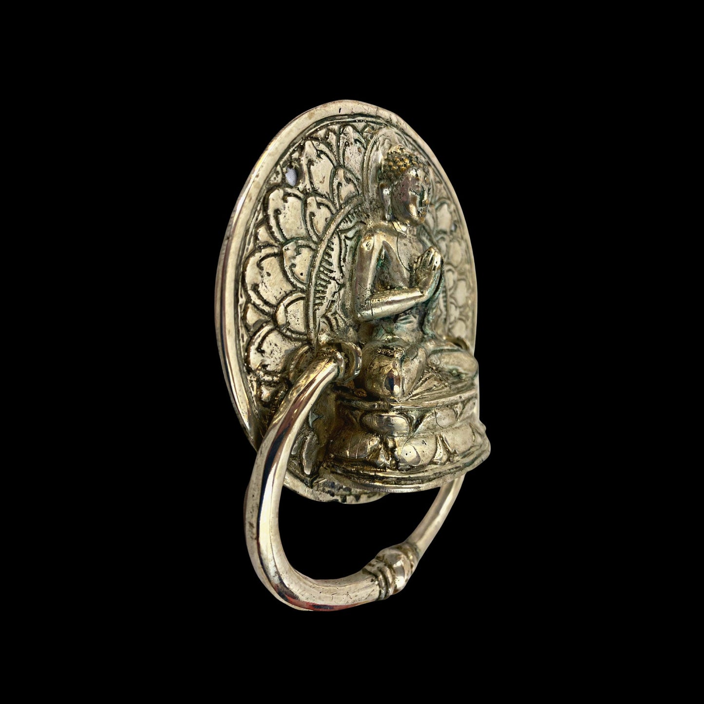 Buddha Lotus Pose Door Knocker Handle knob Door Pull Cast Silvered Bronze Namaskar Balinese Art