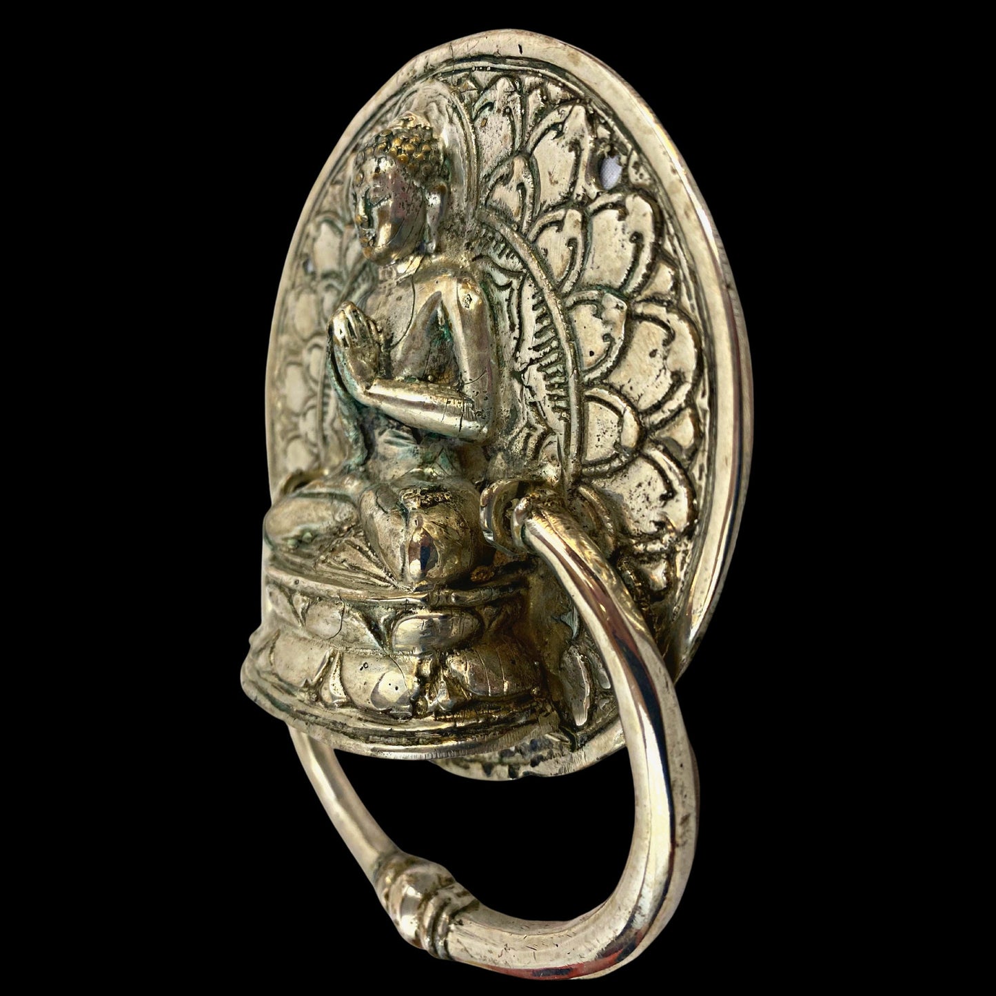 Buddha Lotus Pose Door Knocker Handle knob Door Pull Cast Silvered Bronze Namaskar Balinese Art