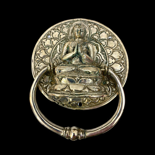 Buddha Lotus Pose Door Knocker Handle knob Door Pull Cast Silvered Bronze Namaskar Balinese Art