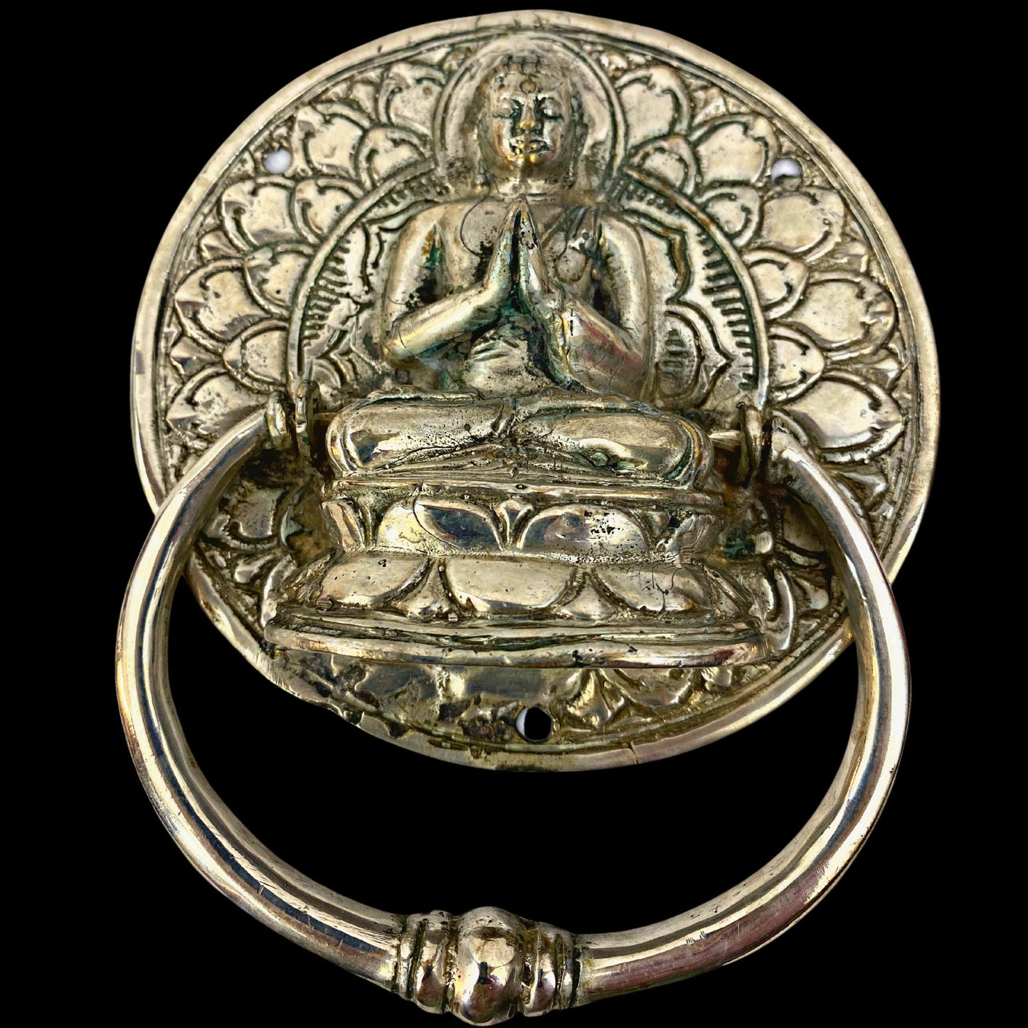 Buddha Lotus Pose Door Knocker Handle knob Door Pull Cast Silvered Bronze Namaskar Balinese Art