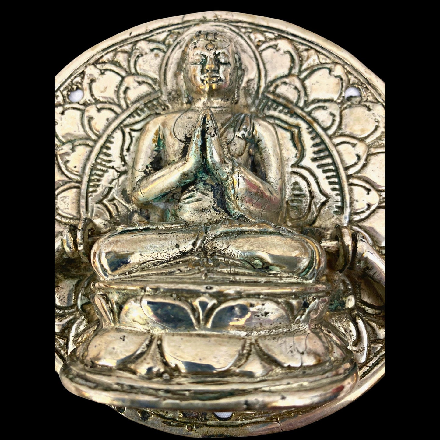 Buddha Lotus Pose Door Knocker Handle knob Door Pull Cast Silvered Bronze Namaskar Balinese Art