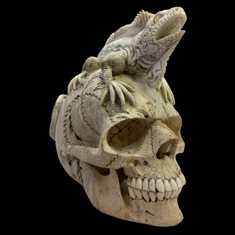 Balinese Human Skull Replica Sculpture Iguana Lizard Hand CARVED Art Bali Wood Carving Art Eclectic Gothic Oddity Home Decor