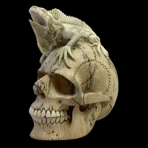 Balinese Human Skull Replica Sculpture Iguana Lizard Hand CARVED Art Bali Wood Carving Art Eclectic Gothic Oddity Home Decor