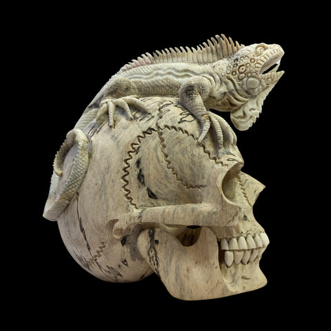 Balinese Human Skull Replica Sculpture Iguana Lizard Hand CARVED Art Bali Wood Carving Art Eclectic Gothic Oddity Home Decor