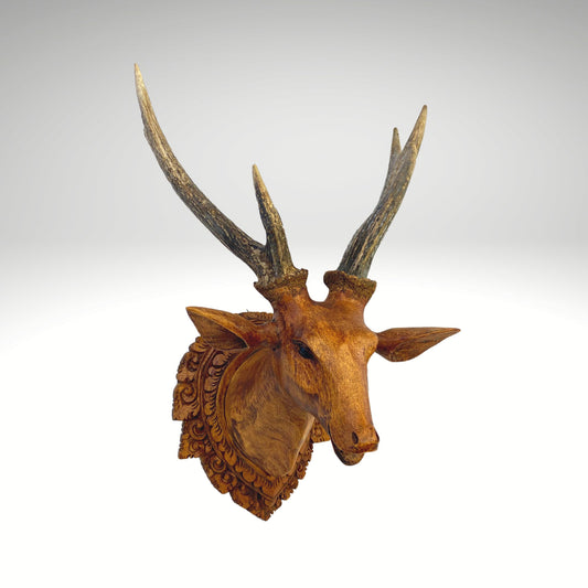 Deer Stag Faux Taxidermy Mount Genuine Antlers Wall Sculpture Hand Carved Wood Carving Boho Farmhouse Lodge Decor Bali Folk  Art