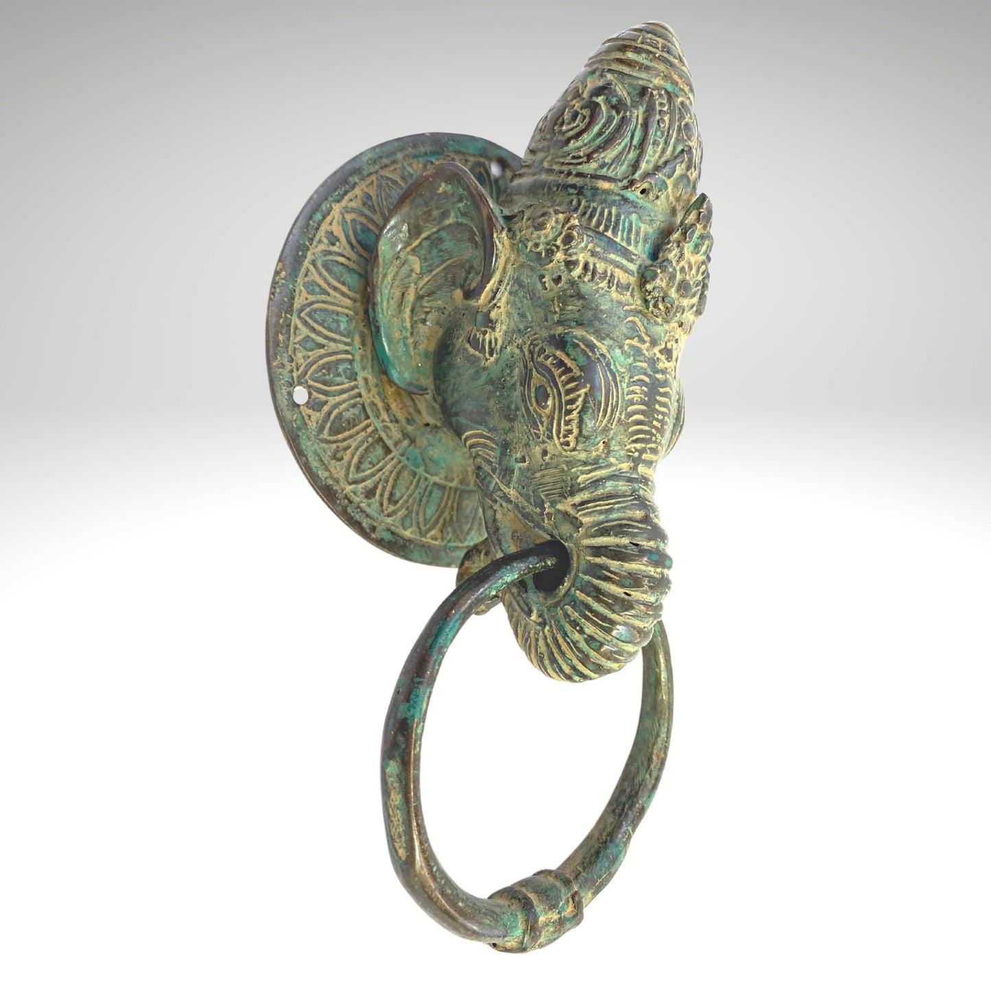 Vintage Bronze Ganesha Door Knocker: Verdigris Metal Door Pull Balinese Art
