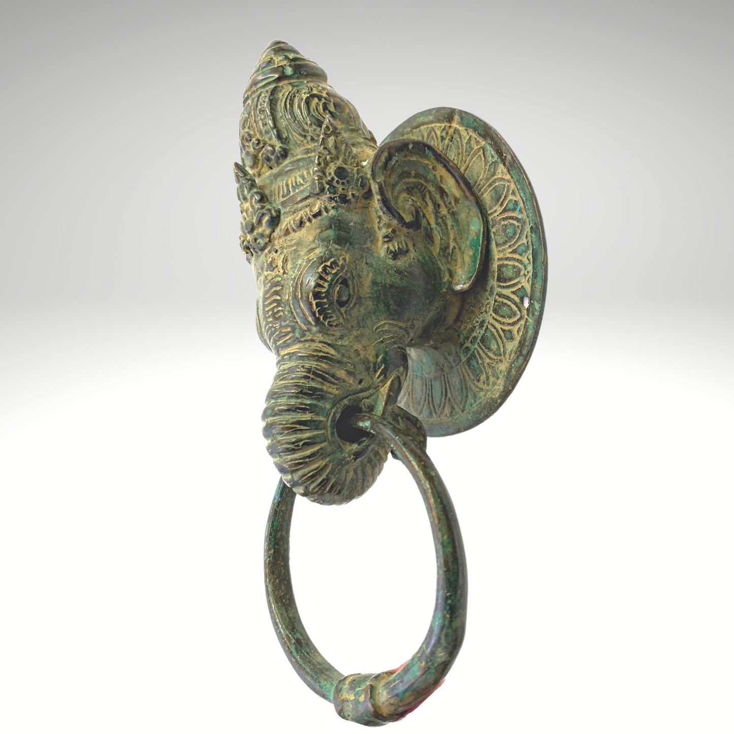 Vintage Bronze Ganesha Door Knocker: Verdigris Metal Door Pull Balinese Art