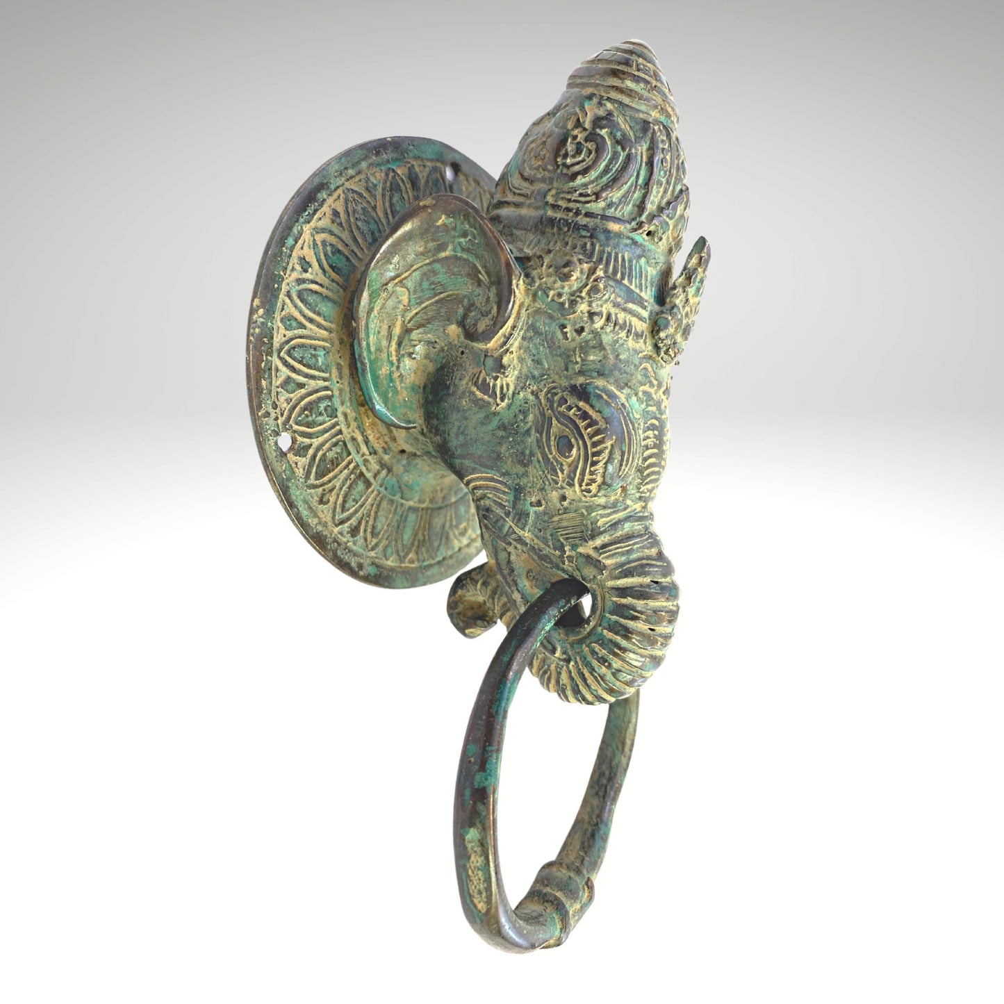 Vintage Bronze Ganesha Door Knocker: Verdigris Metal Door Pull Balinese Art