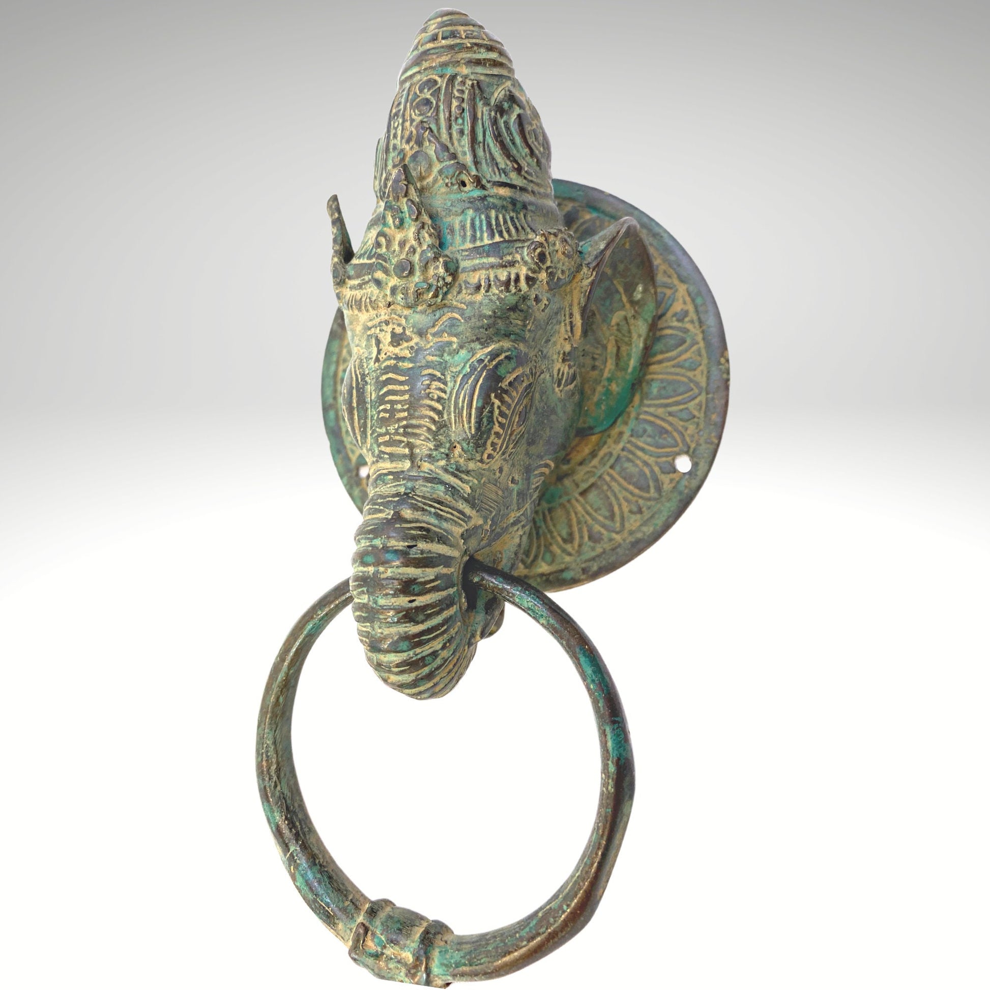 Vintage Ganesha elephant Door Knocker Cabinet Pull Handle Verdigris lost wax Cast Bronze Balinese Architectural Art - Acadia World Traders