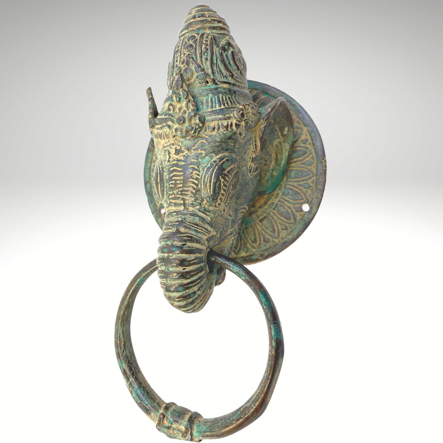 Vintage Bronze Ganesha Door Knocker: Verdigris Metal Door Pull Balinese Art