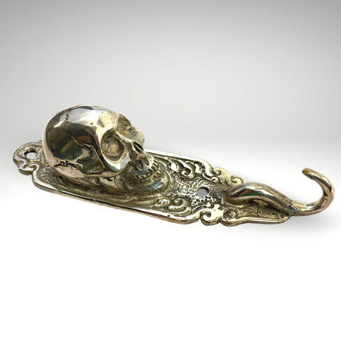 Gothic Human Skull Replica Skeleton Wall Coat Hook Key Towel Hook Handmade silver overlay Bronze Metal Cast Bali Art