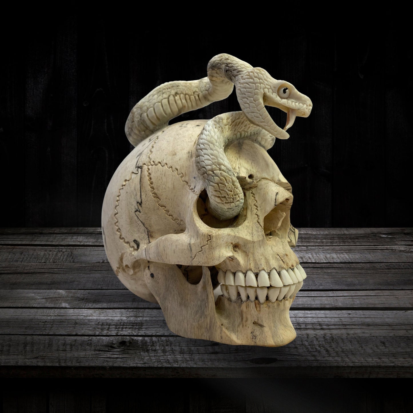 Balinese Human Skull Snake Wood Carving Sculpture Snake Serpent Hand CARVED Art Bali Wood Carving Art Eclectic Gothic Oddity Home Decor