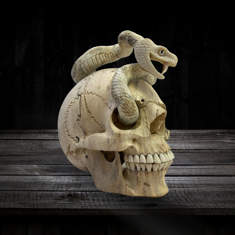 Balinese Human Skull Snake Wood Carving Sculpture Snake Serpent Hand CARVED Art Bali Wood Carving Art Eclectic Gothic Oddity Home Decor