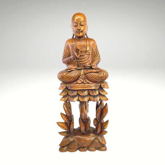 Teaching Buddha Statue  Seated Upon Lotus Throne Vitarka Mudra Pose Balinese Art Hand Carved Wood carving Handcrafted Eclectic Bali 32&quot; - Acadia World Traders