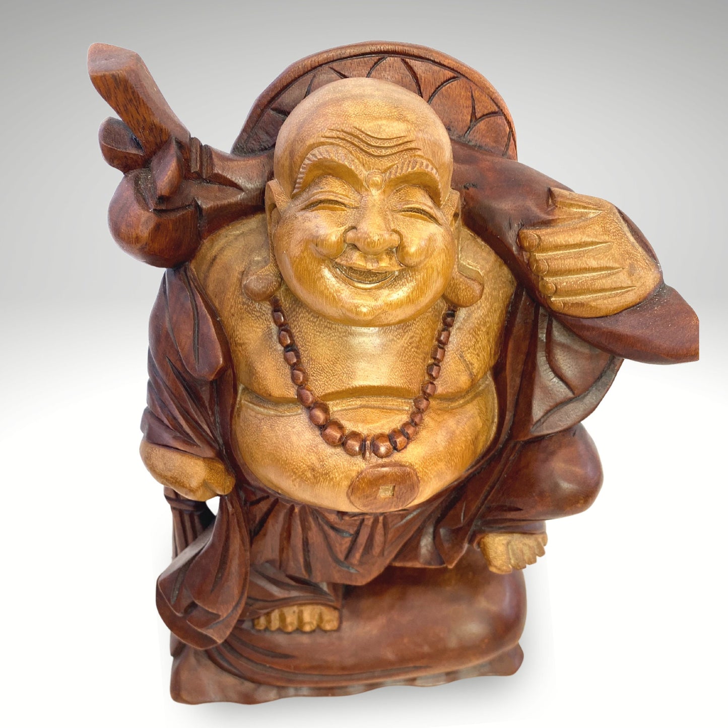 Laughing Traveling Buddha Statue Hand Carved Wood Sculpture Carving Hotei Budai Monk Good Luck Prosperity Bali Art - Acadia World Traders