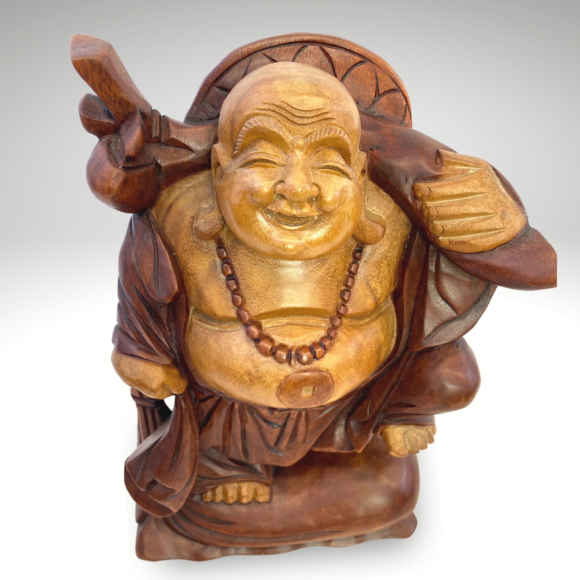 Laughing Traveling Buddha Statue Hand Carved Wood Sculpture Carving Hotei Budai Monk Good Luck Prosperity Bali Art - Acadia World Traders
