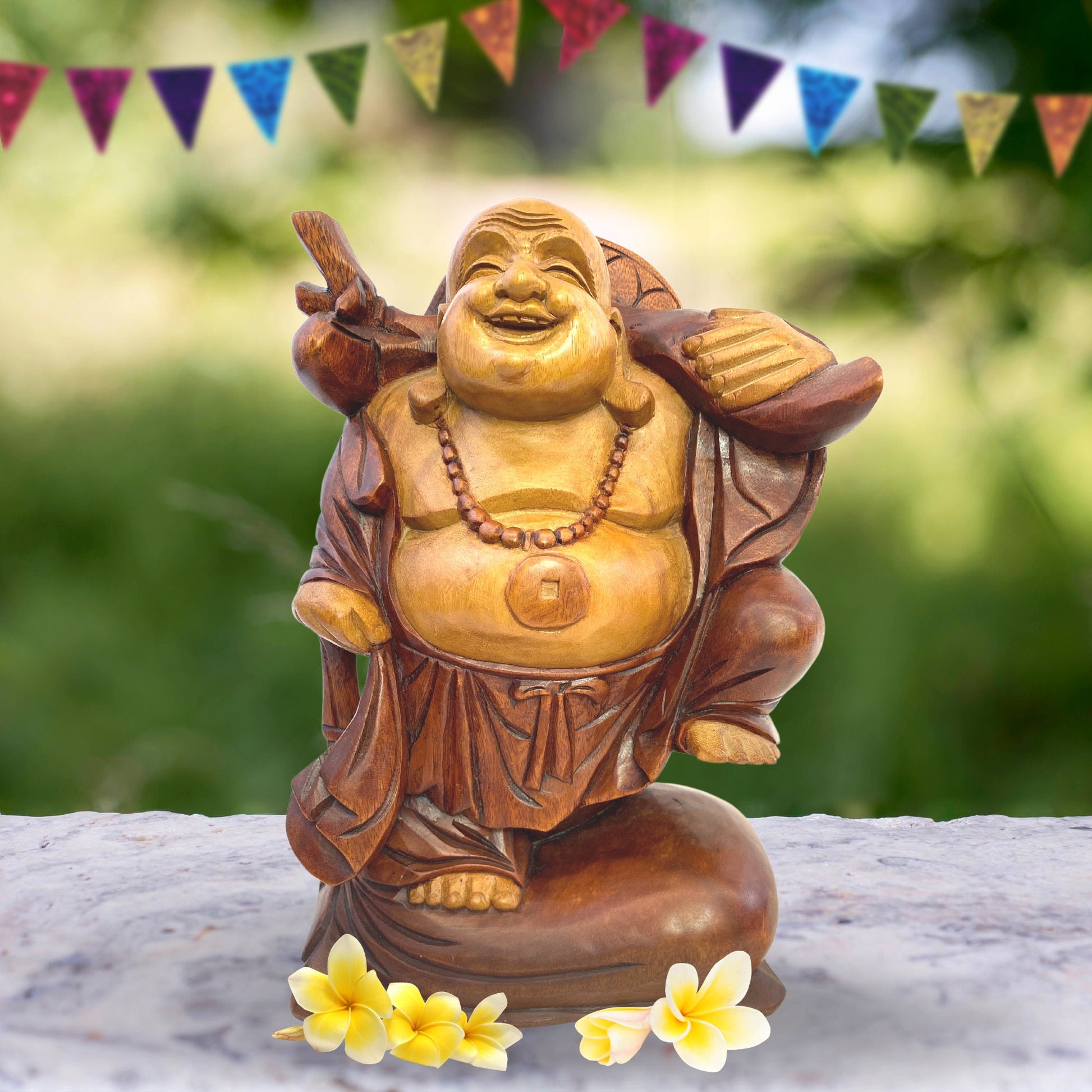 Laughing Traveling Buddha Statue Hand Carved Wood Sculpture Carving Hotei Budai Monk Good Luck Prosperity Bali Art - Acadia World Traders