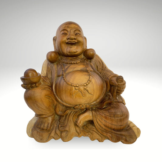 Vintage Hotei Laughing Buddha Sculpture Budai Monk Prosperity Good Luck Fortune Statue hand carved suar wood Carving Bali Art