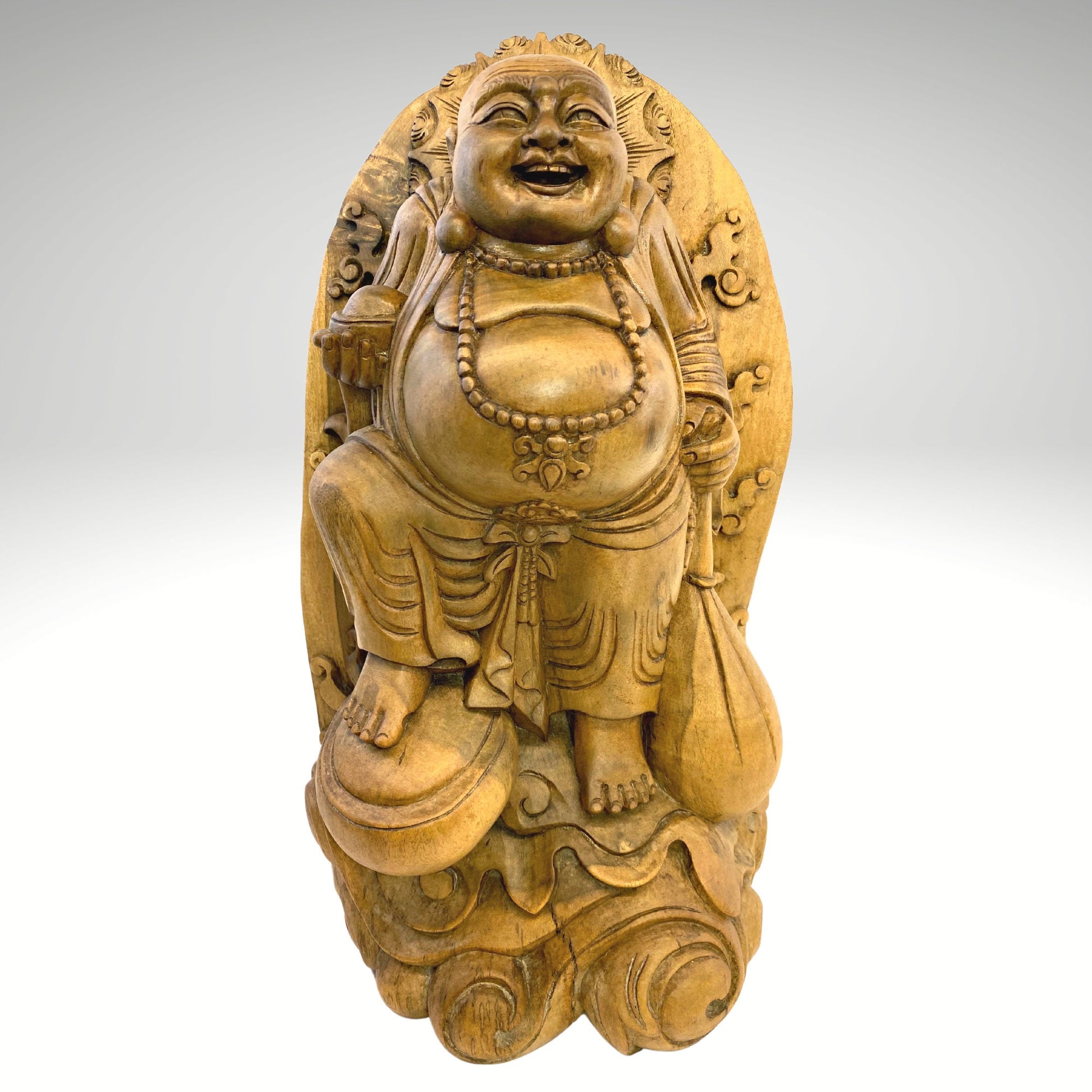 Vintage Hotei Statue Laughing Buddha Traveling Budai  Monk Sculpture Prosperity Good Luck Fortune hand carved suar wood Carving Bali Art - Acadia World Traders