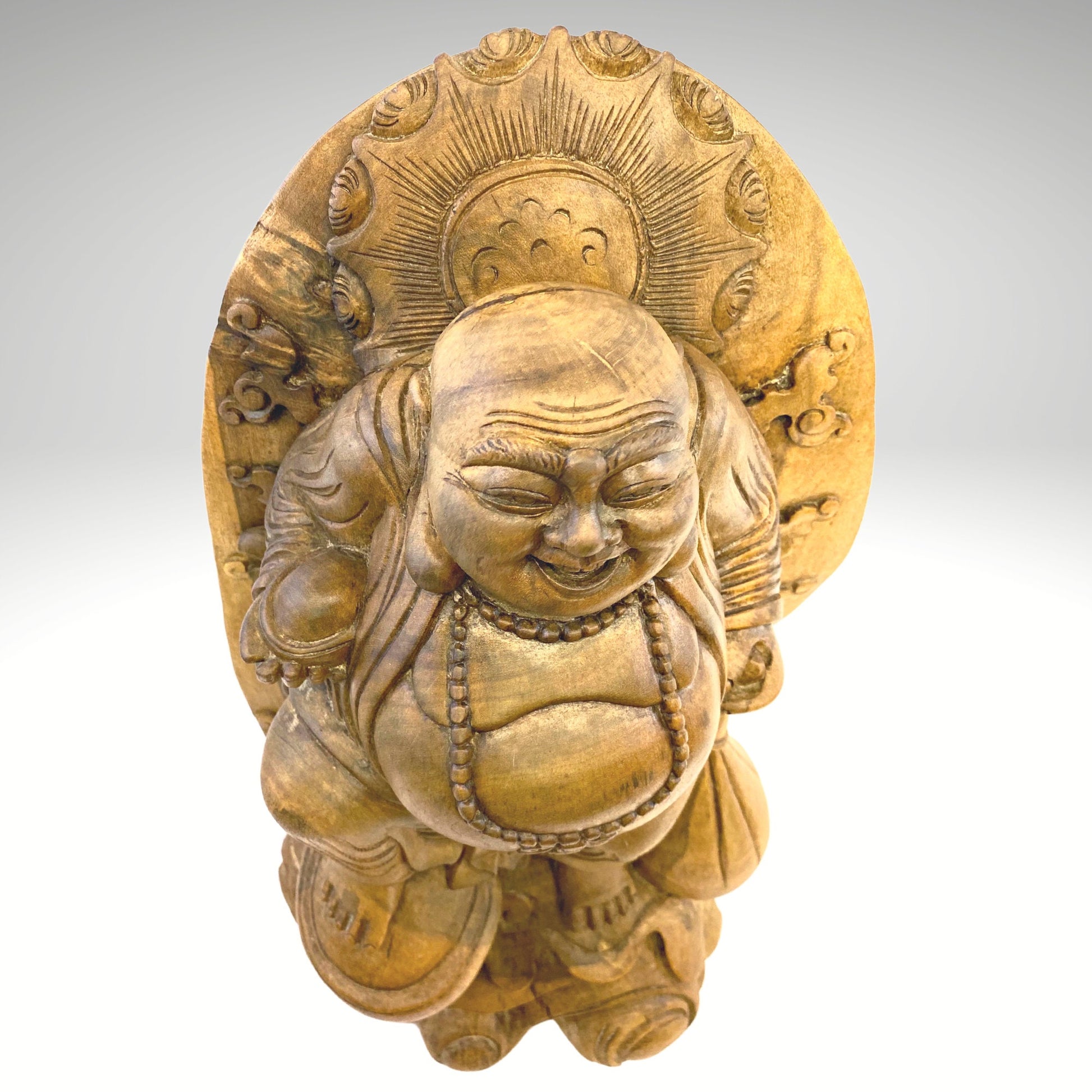 Vintage Hotei Statue Laughing Buddha Traveling Budai  Monk Sculpture Prosperity Good Luck Fortune hand carved suar wood Carving Bali Art - Acadia World Traders