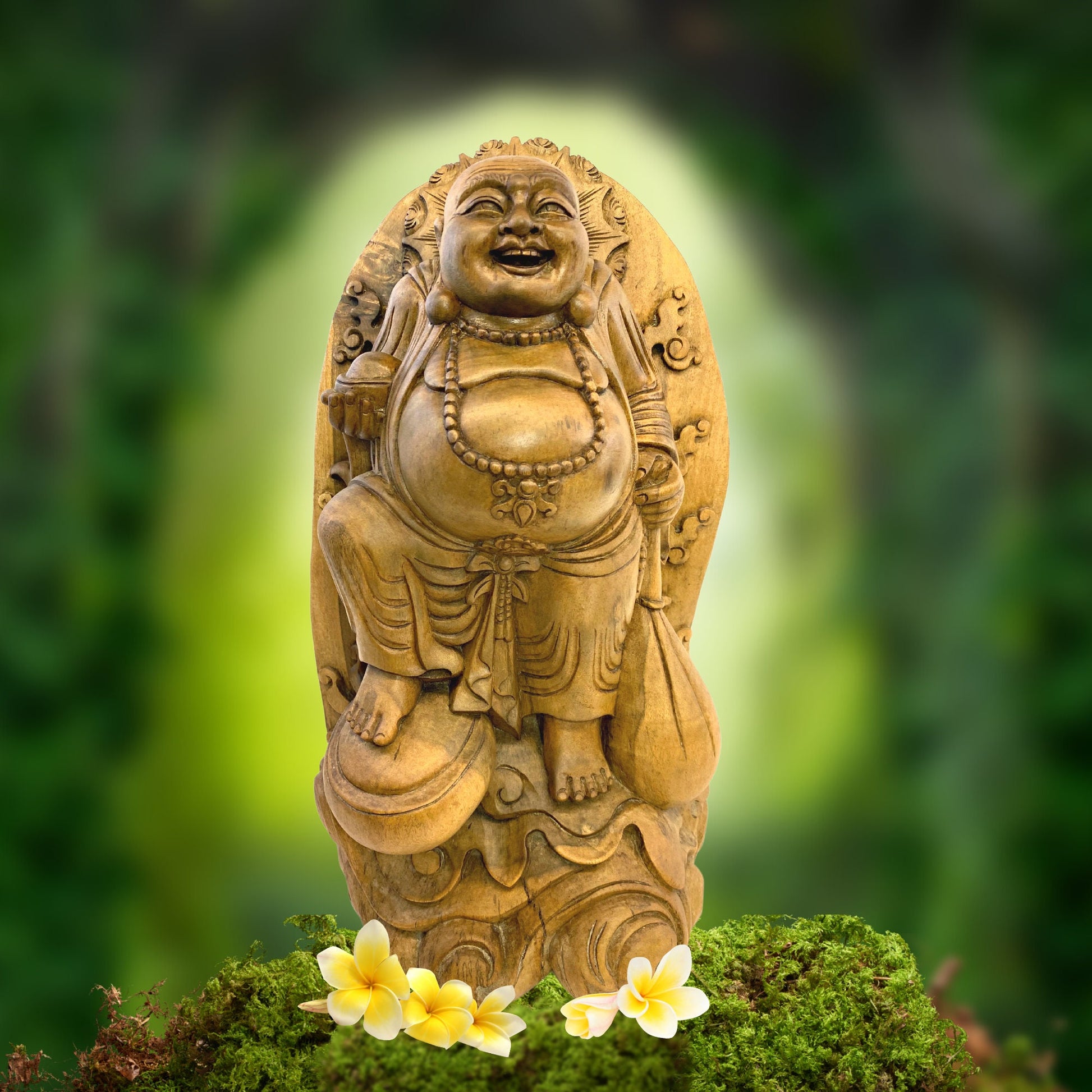 Vintage Hotei Statue Laughing Buddha Traveling Budai  Monk Sculpture Prosperity Good Luck Fortune hand carved suar wood Carving Bali Art - Acadia World Traders
