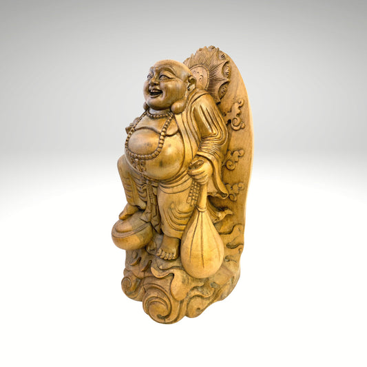 Vintage Hotei Statue Laughing Buddha Traveling Budai  Monk Sculpture Prosperity Good Luck Fortune hand carved suar wood Carving Bali Art - Acadia World Traders