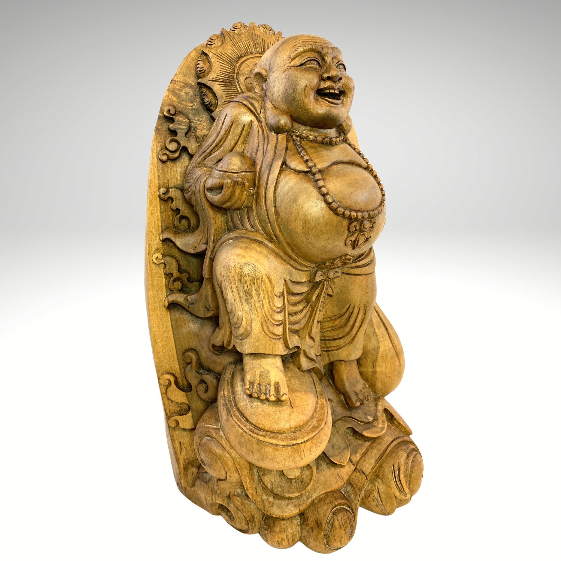 Vintage Hotei Statue Laughing Buddha Traveling Budai  Monk Sculpture Prosperity Good Luck Fortune hand carved suar wood Carving Bali Art - Acadia World Traders