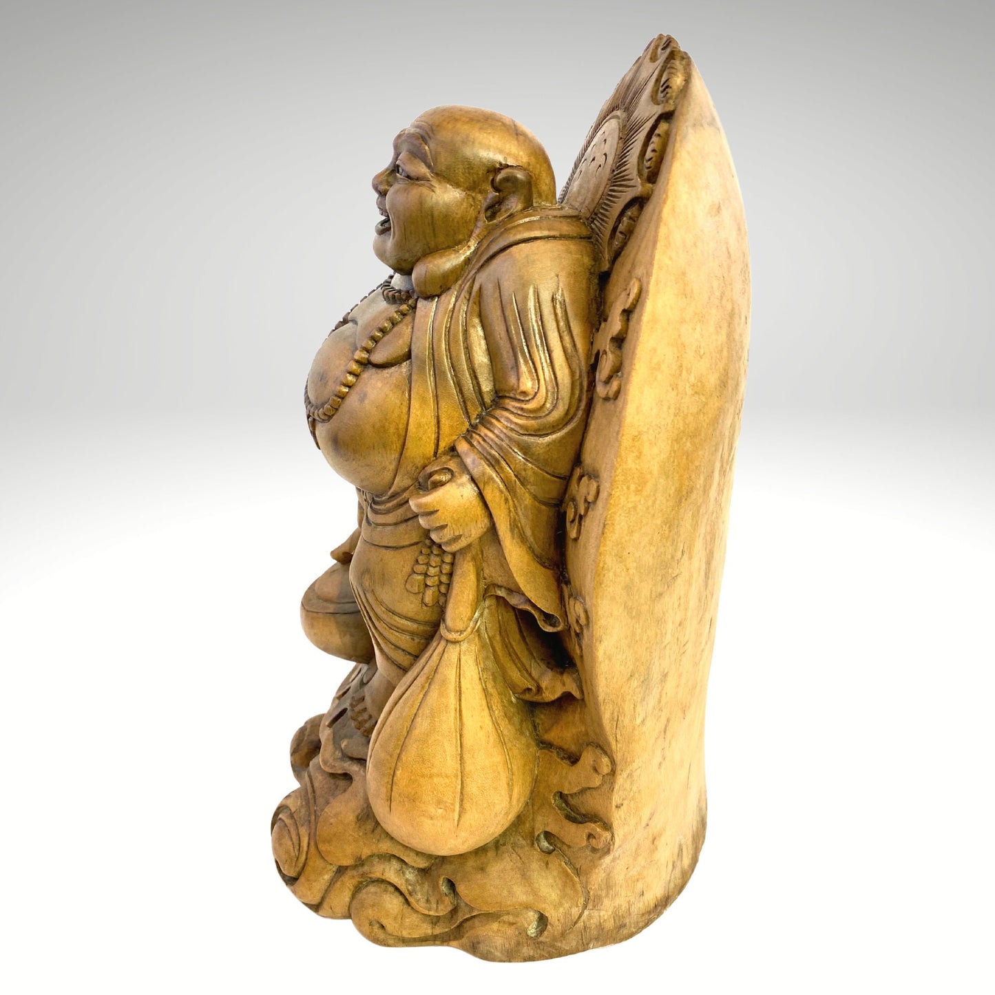 Vintage Hotei Statue Laughing Buddha Traveling Budai  Monk Sculpture Prosperity Good Luck Fortune hand carved suar wood Carving Bali Art - Acadia World Traders