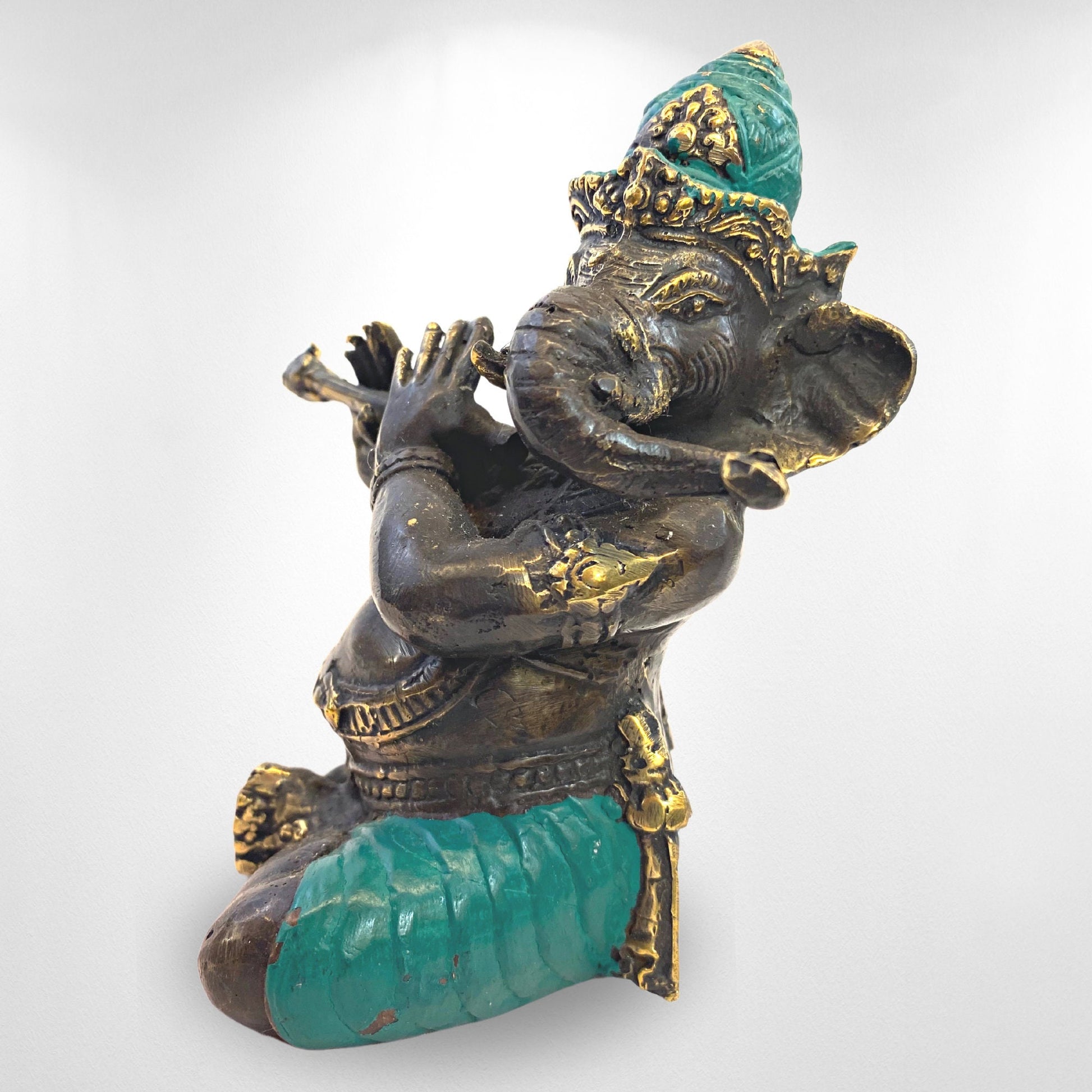Ganapati Ganesha Murti Playing Flute Sculpture Cast Bronze Statue Hindu Elephant God Handmade lost wax cast Bali Art 5.5&quot; - Acadia World Traders