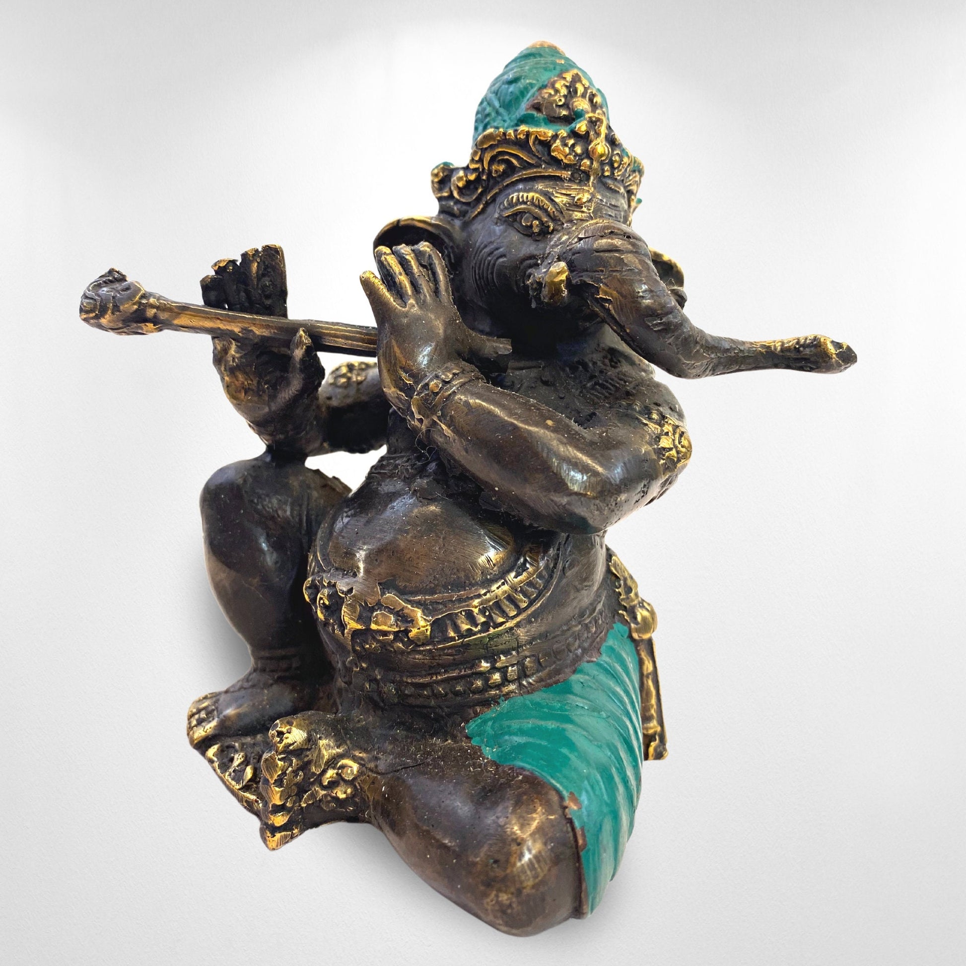 Ganapati Ganesha Murti Playing Flute Sculpture Cast Bronze Statue Hindu Elephant God Handmade lost wax cast Bali Art 5.5&quot; - Acadia World Traders