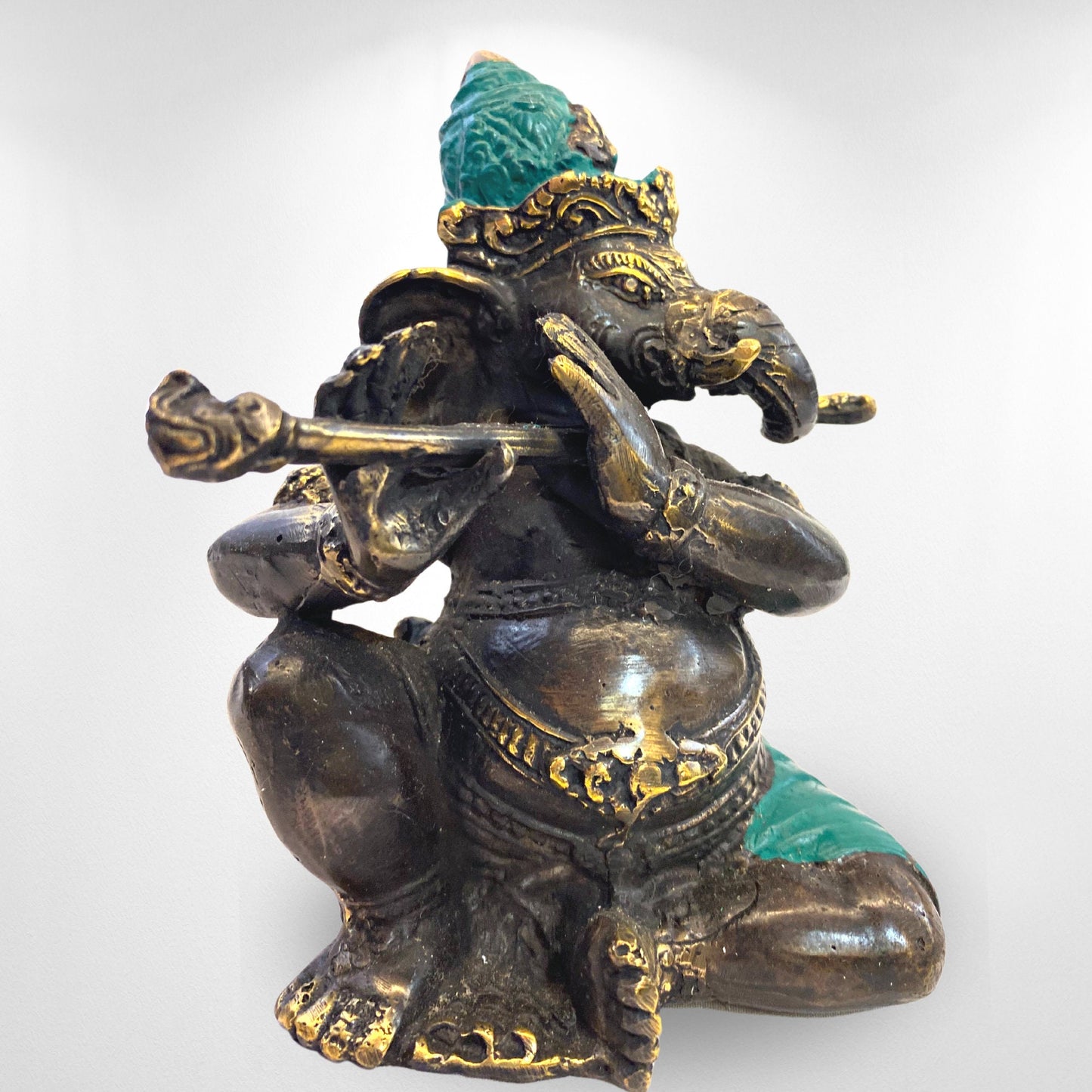 Ganapati Ganesha Murti Playing Flute Sculpture Cast Bronze Statue Hindu Elephant God Handmade lost wax cast Bali Art 5.5&quot; - Acadia World Traders