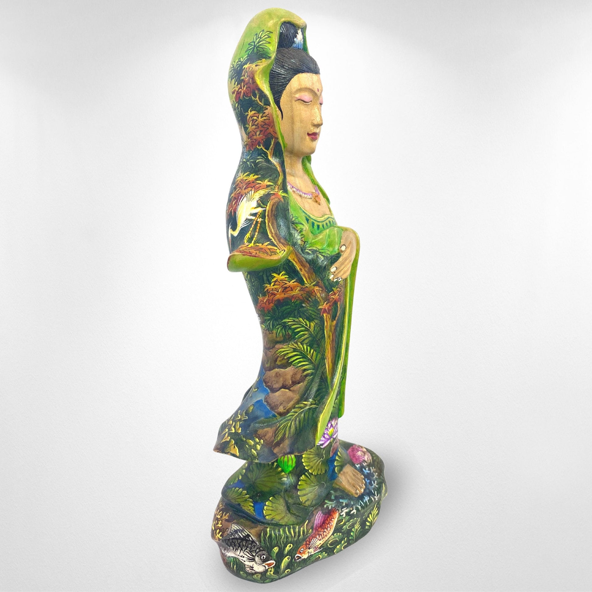 Guanyin Kwan Yin Bodhisattva Buddhist Goddess Compassion Sculpture Hand Carved Wood Carving Miniature  painting Statue Bali Art - Acadia World Traders