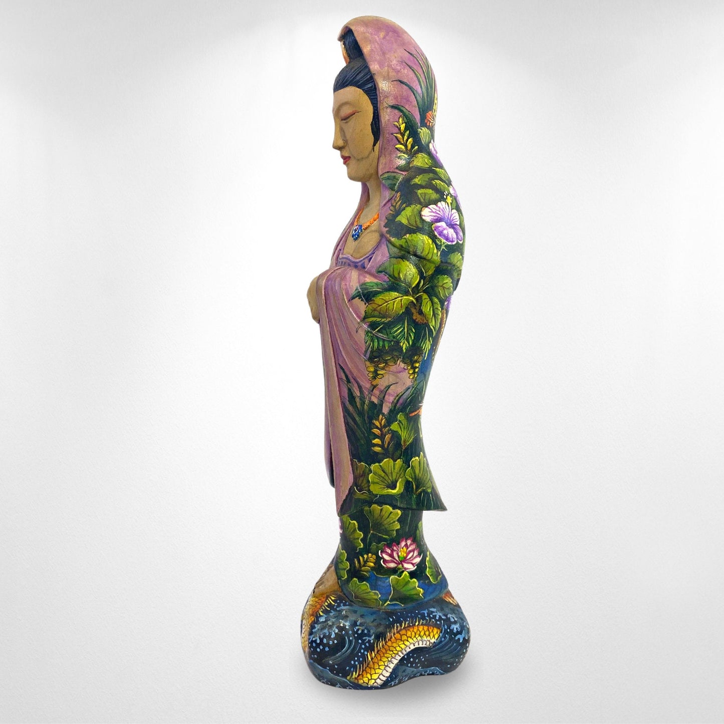 Guanyin Kwan Yin Bodhisattva Buddhist Goddess Compassion Sculpture Hand Carved Wood Carving Miniature  painting Statue Bali Art Purple - Acadia World Traders