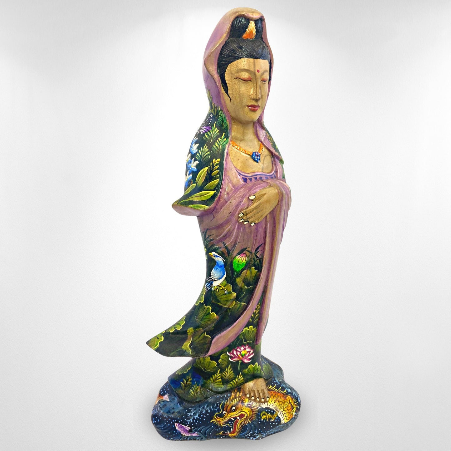 Guanyin Kwan Yin Bodhisattva Buddhist Goddess Compassion Sculpture Hand Carved Wood Carving Miniature  painting Statue Bali Art Purple - Acadia World Traders