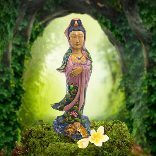 Guanyin Kwan Yin Bodhisattva Buddhist Goddess Compassion Sculpture Hand Carved Wood Carving Miniature  painting Statue Bali Art Purple - Acadia World Traders