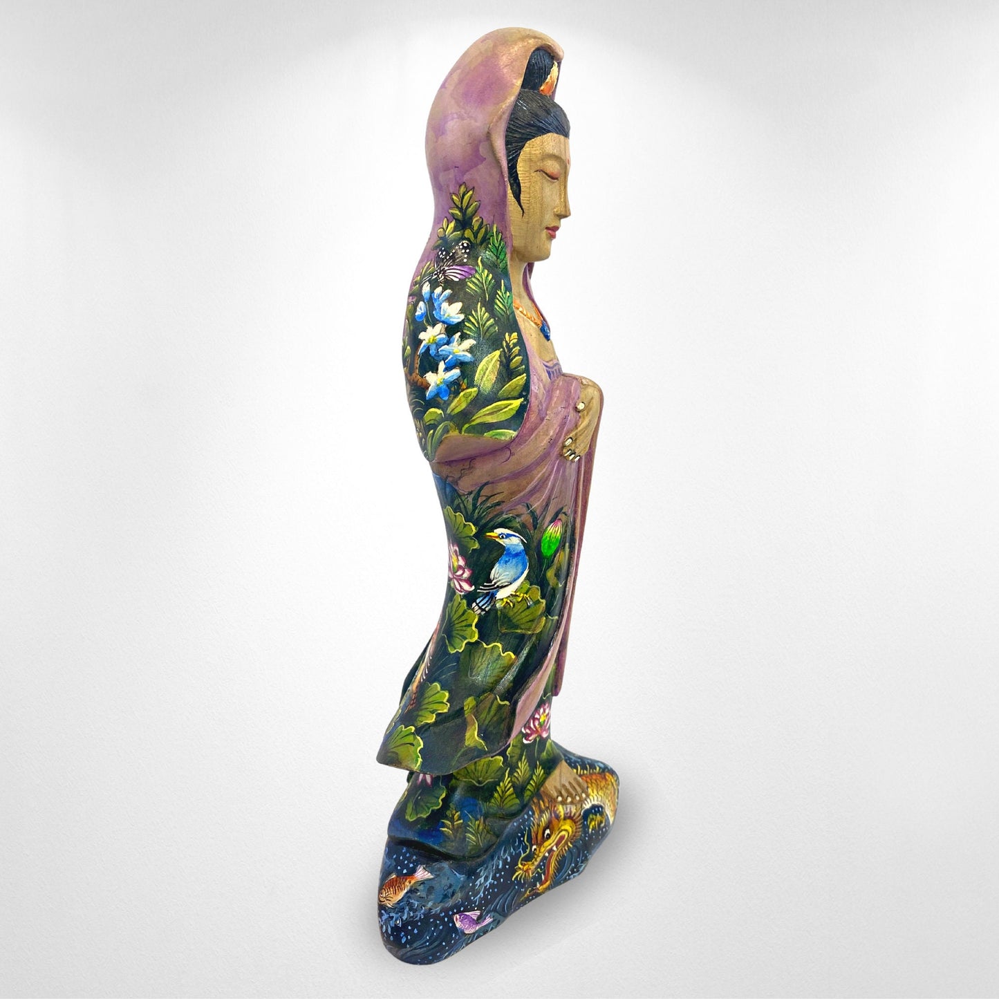 Guanyin Kwan Yin Bodhisattva Buddhist Goddess Compassion Sculpture Hand Carved Wood Carving Miniature  painting Statue Bali Art Purple - Acadia World Traders