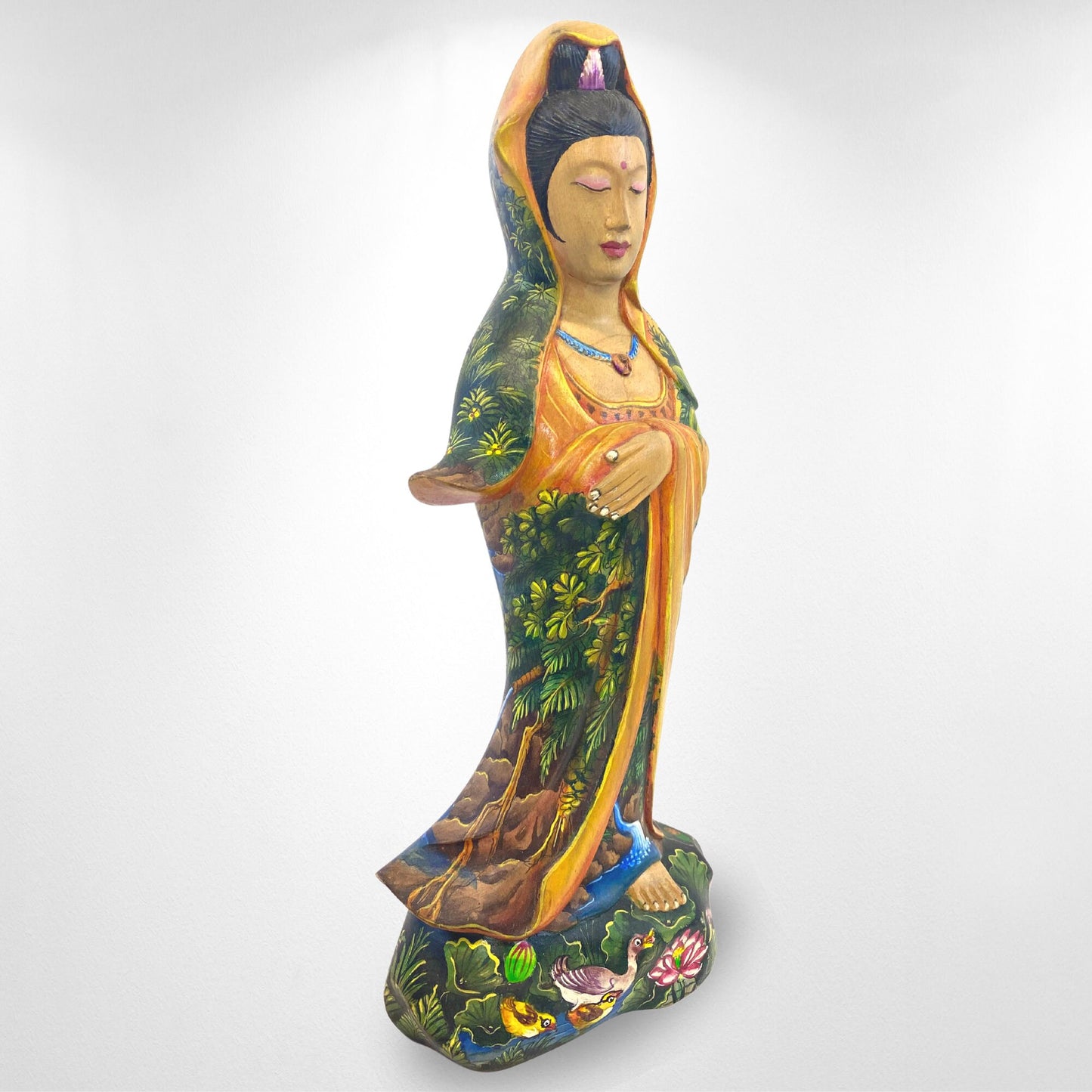 Hand Carved Kwan Yin Statue: Crocodile Wood, Balinese Landscape Art
