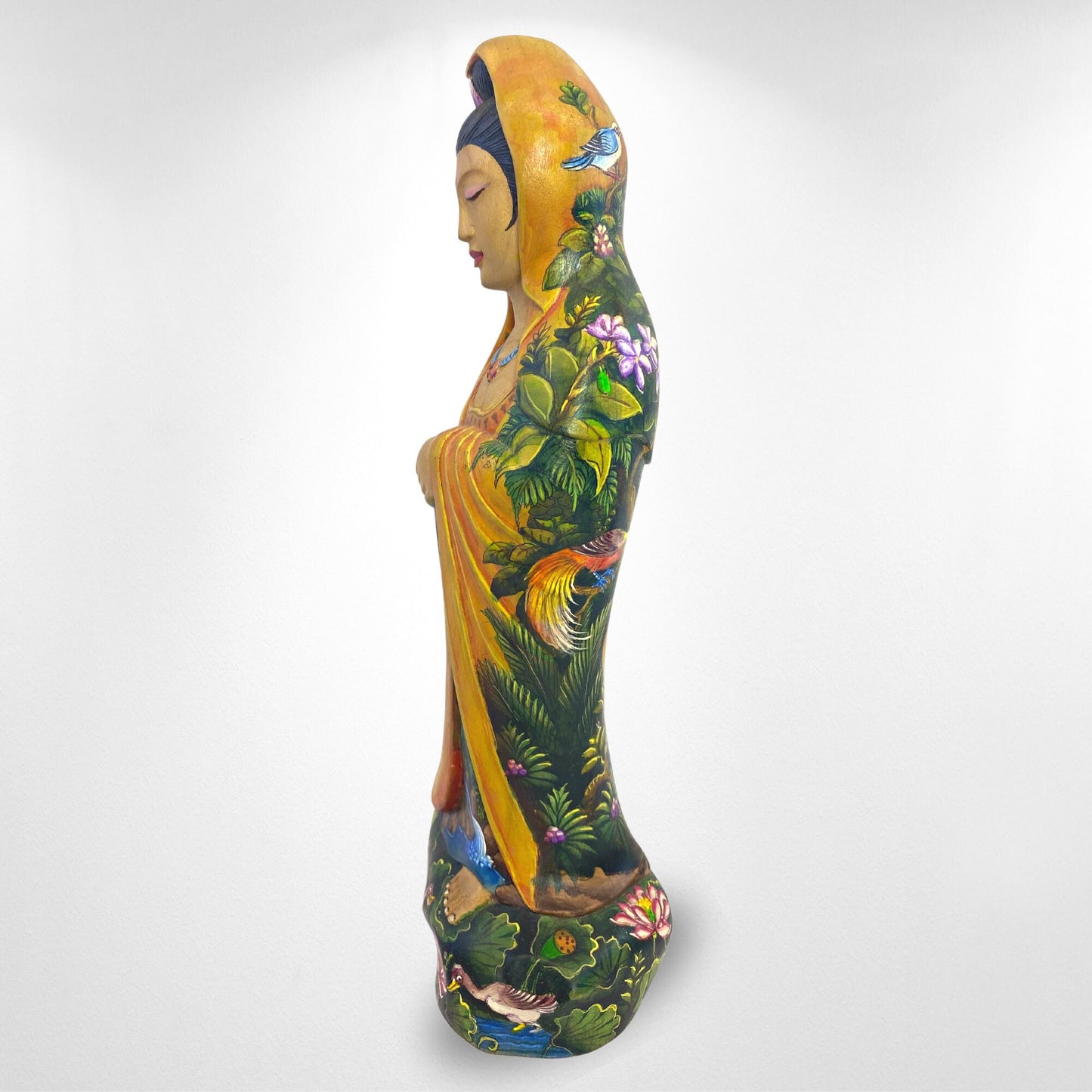 Hand Carved Kwan Yin Statue: Crocodile Wood, Balinese Landscape Art
