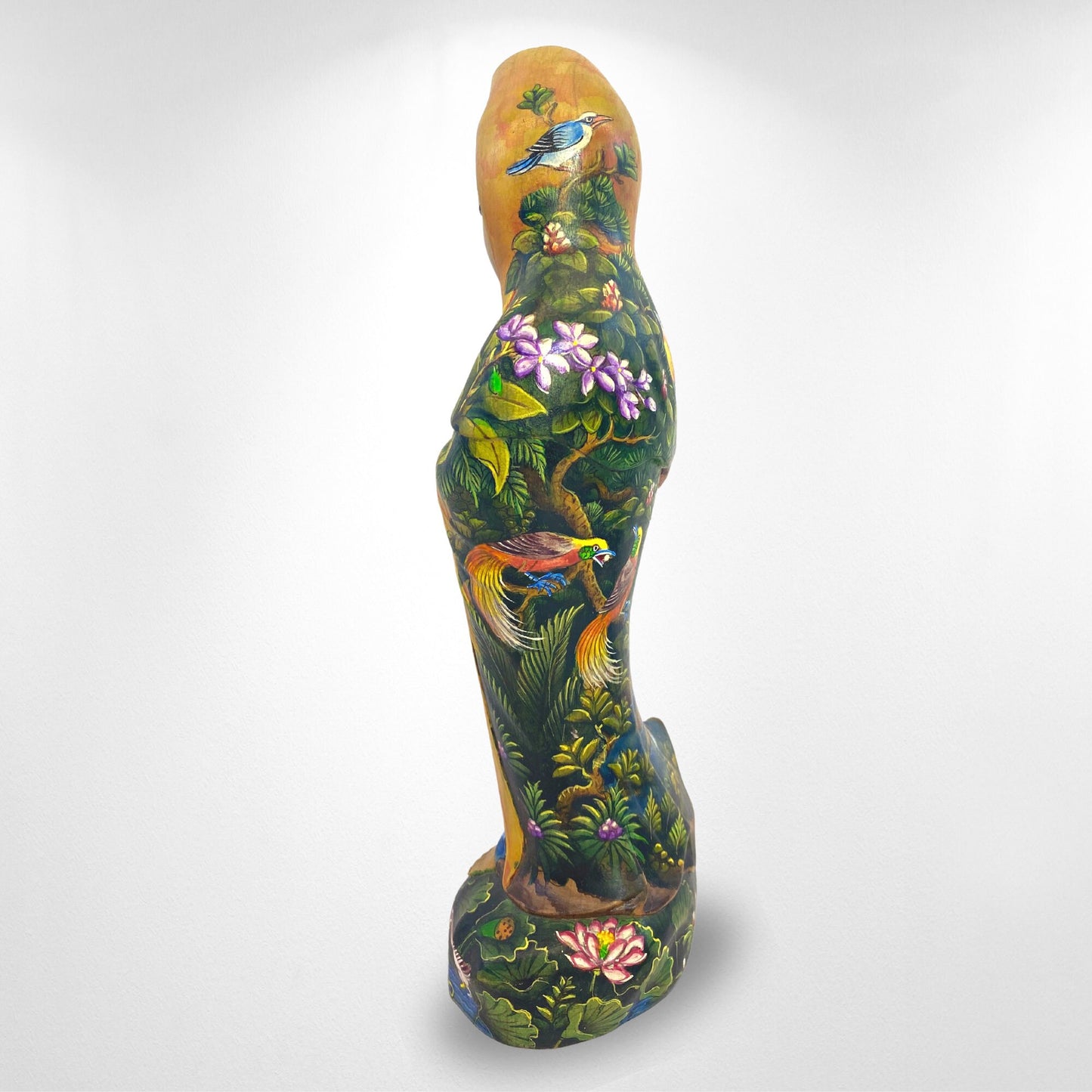 Hand Carved Kwan Yin Statue: Crocodile Wood, Balinese Landscape Art