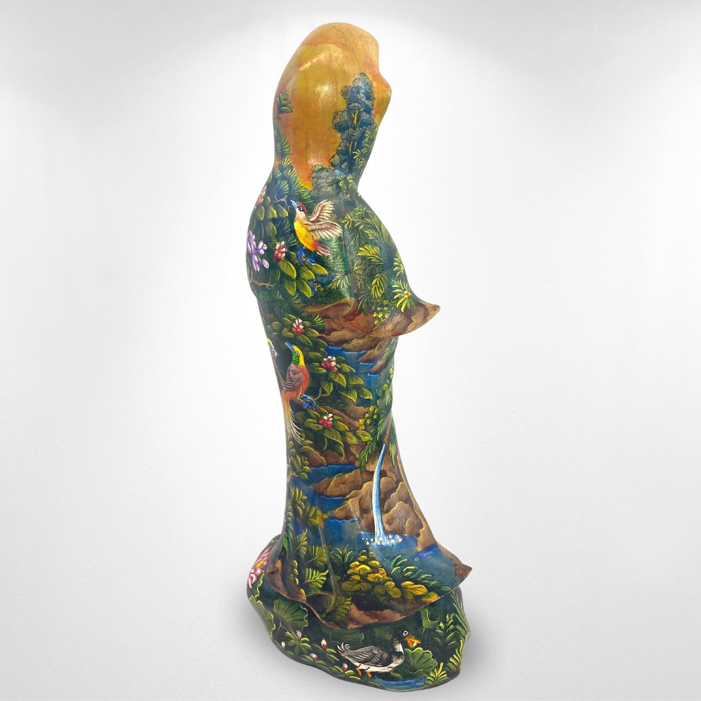 Hand Carved Kwan Yin Statue: Crocodile Wood, Balinese Landscape Art