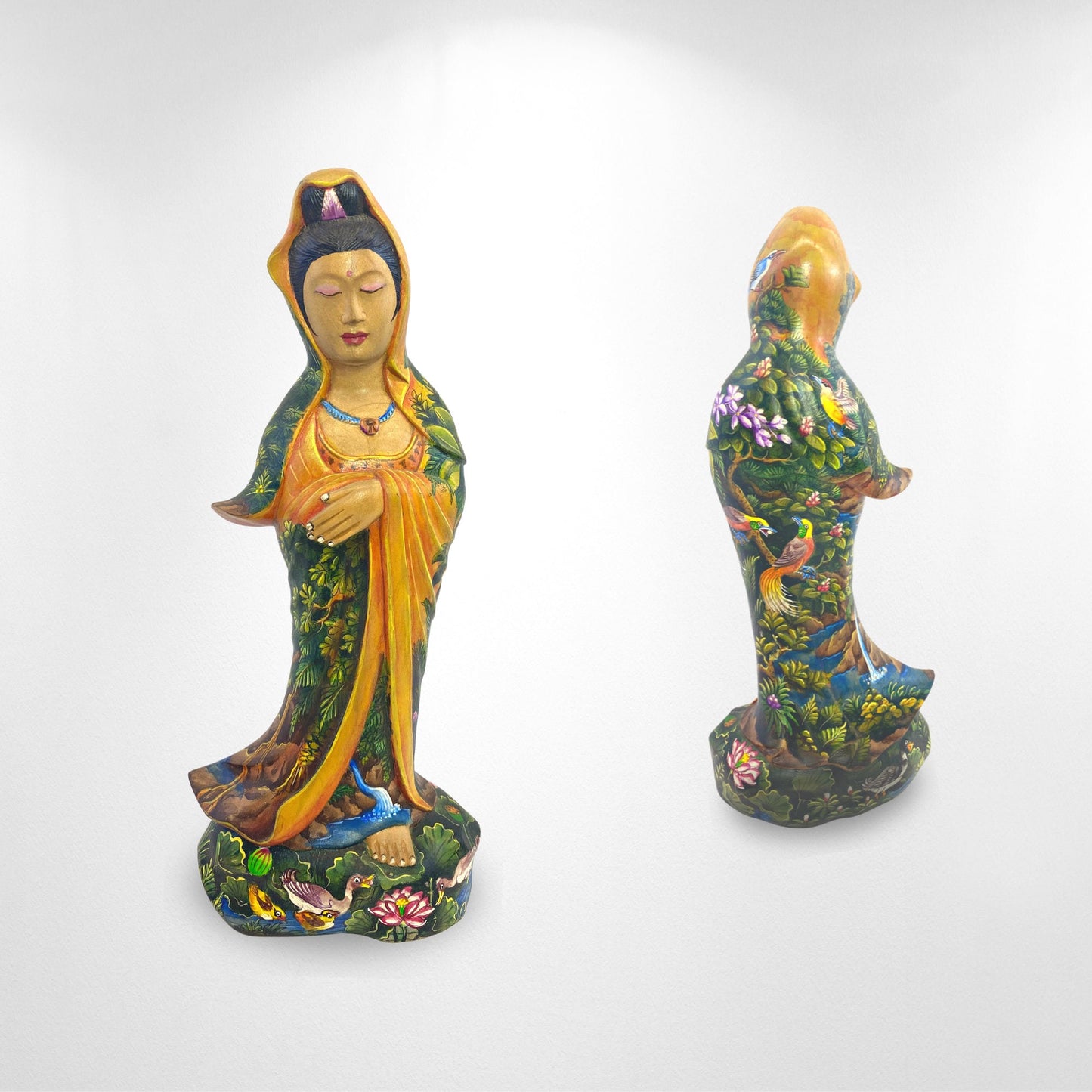 Hand Carved Kwan Yin Statue: Crocodile Wood, Balinese Landscape Art