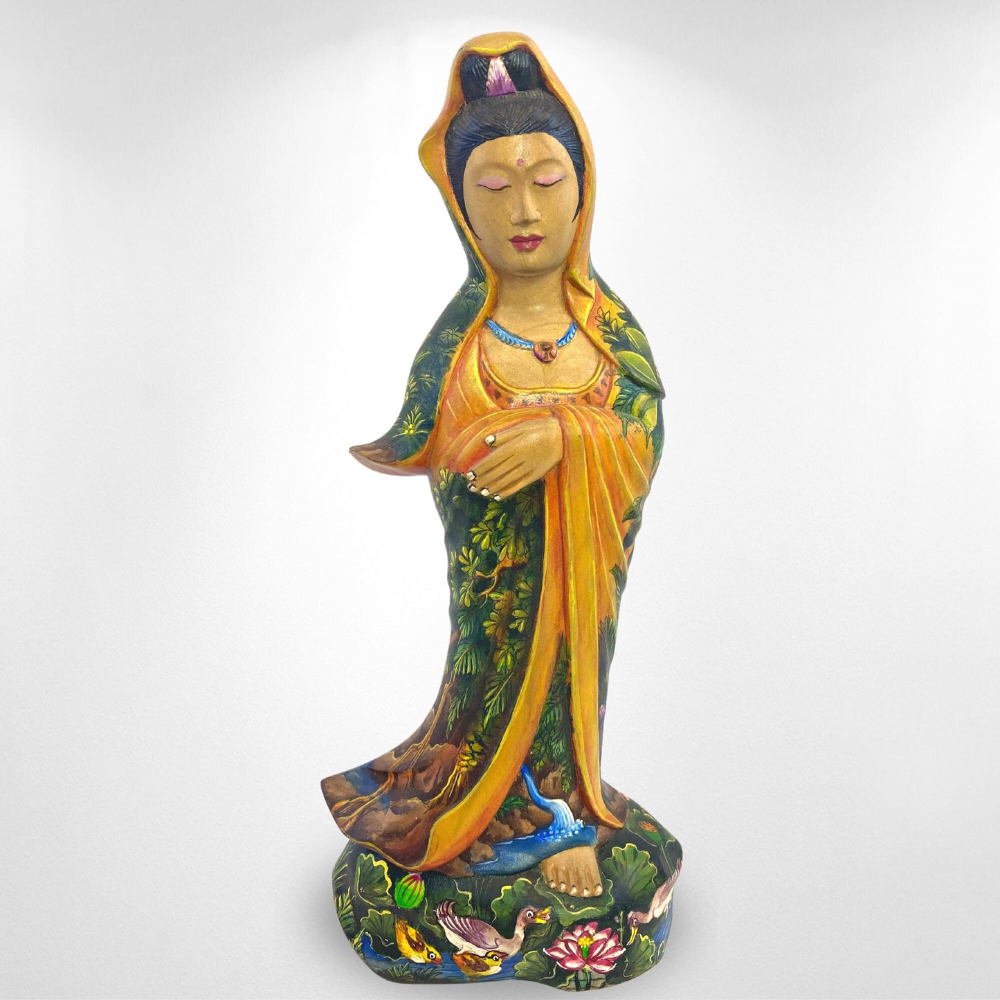 Hand Carved Kwan Yin Statue: Crocodile Wood, Balinese Landscape Art