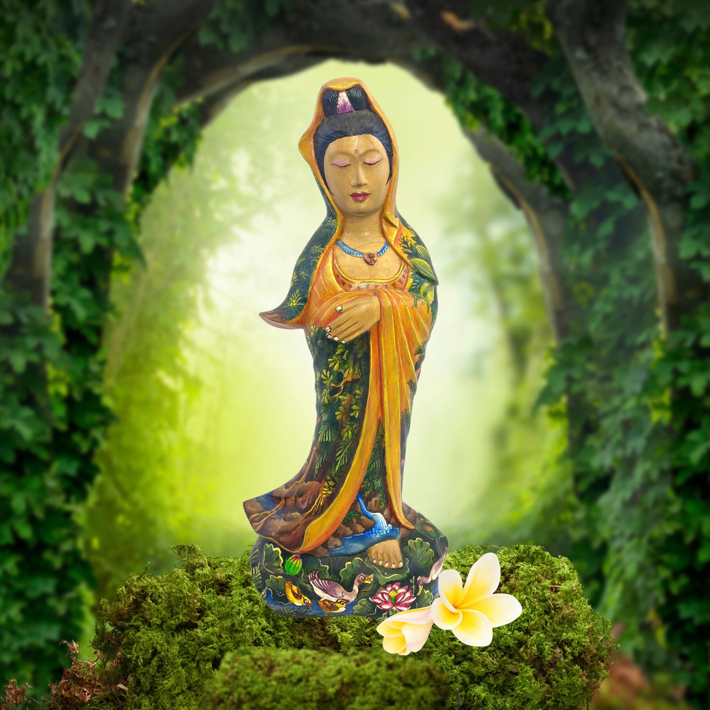 Hand Carved Kwan Yin Statue: Crocodile Wood, Balinese Landscape Art
