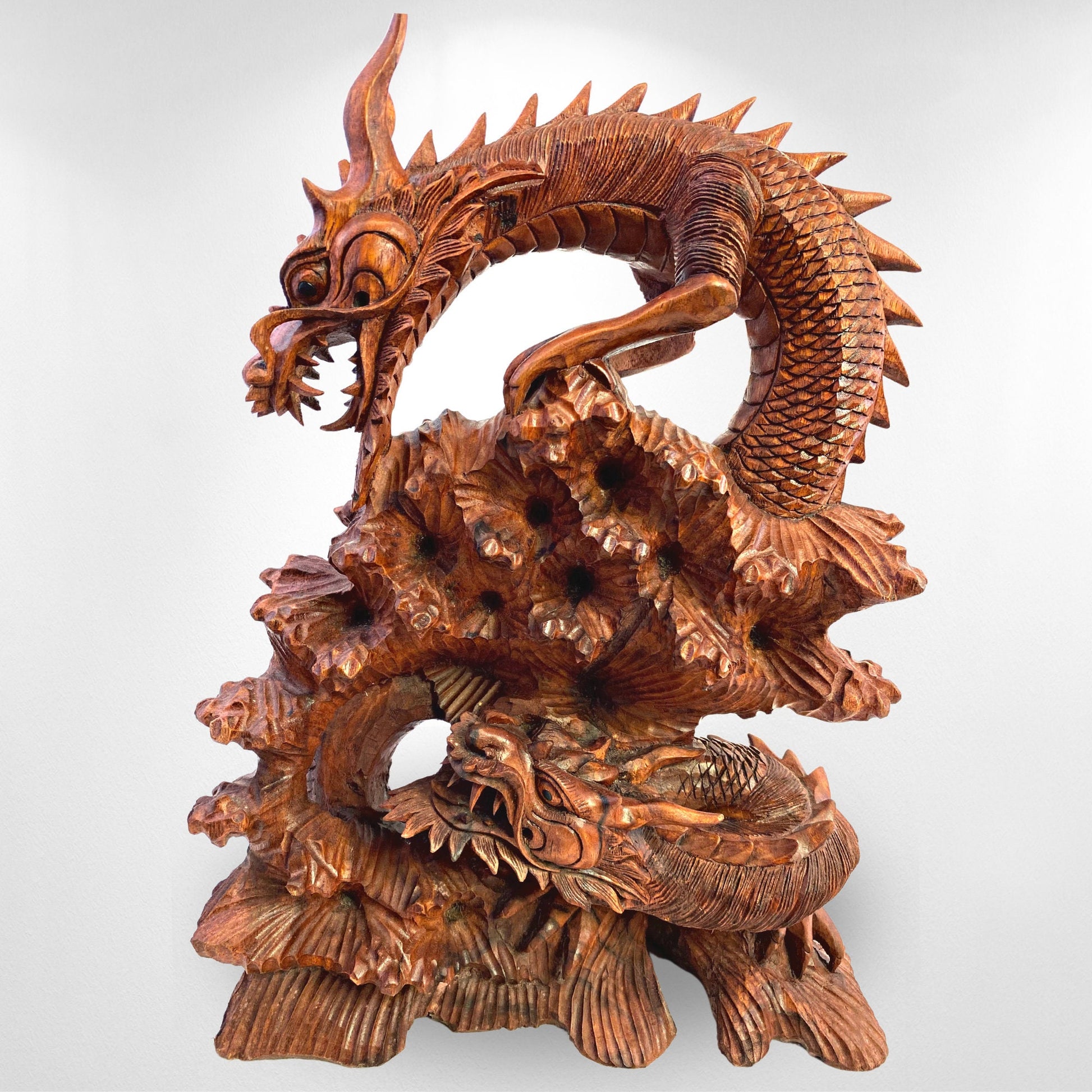 Twin Dragon Cosmic Naga Basuki Antaboga Statue Hand Carved Suar Wood Carving Sculpture Balinese handcrafted Folk Art 21&quot; - Acadia World Traders