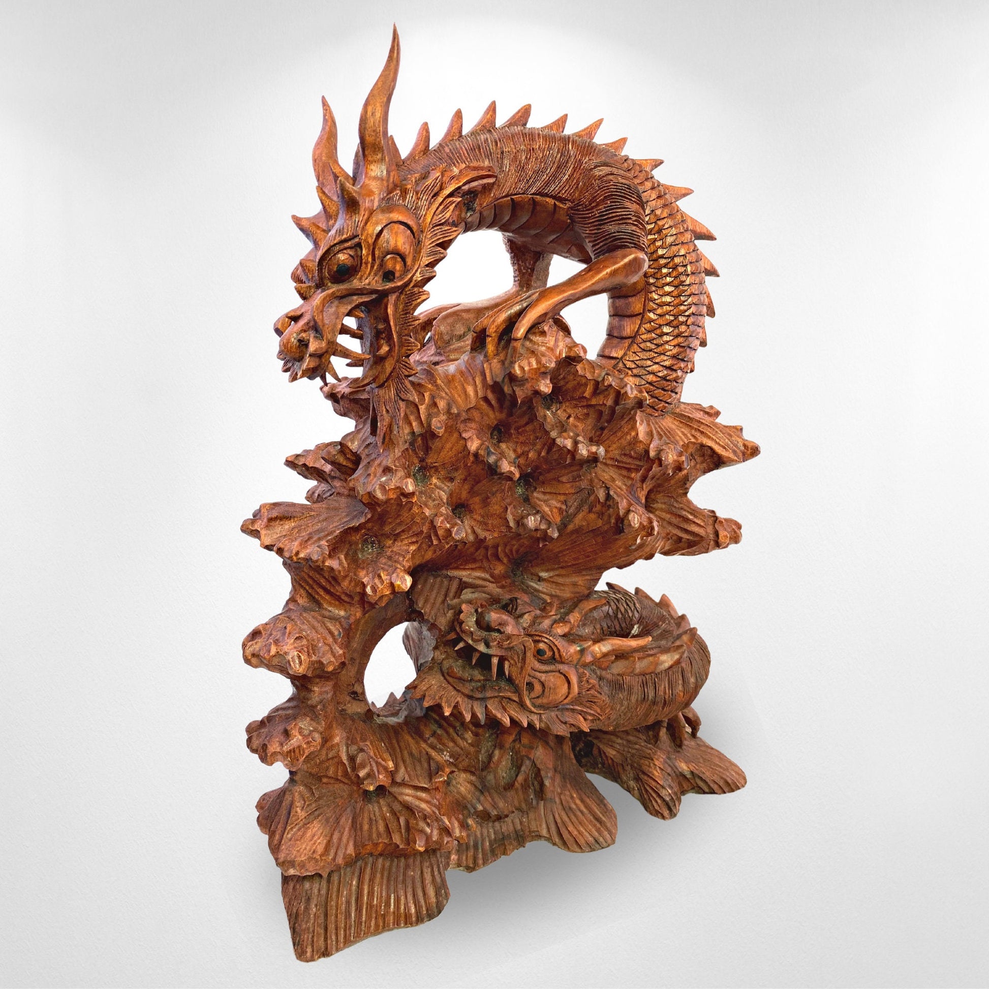 Twin Dragon Cosmic Naga Basuki Antaboga Statue Hand Carved Suar Wood Carving Sculpture Balinese handcrafted Folk Art 21&quot; - Acadia World Traders